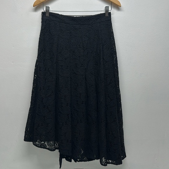 Maje Jalilo Skirt Buckled Asymmetric Hem Pleated Guipure Lace Midi Black Size 40 - Picture 7 of 12